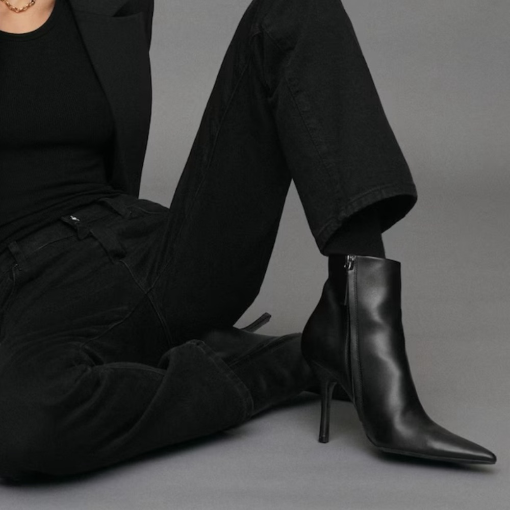 Mango Black Leather Pointed Stiletto Ankle Boots